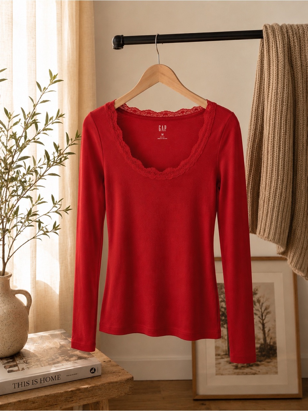 GAP mini Rib Lace-Trim Long Sleeve PJ Top - NWT  Red Christmas Pajamas Winter PJ